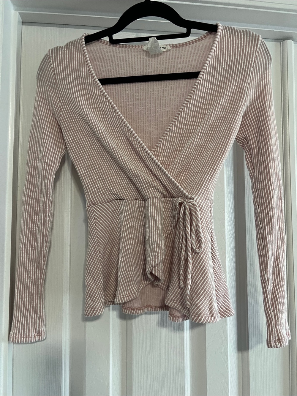 Caution To The Wind Dusty Blush Pink Ribbed Wrap Peplum Top